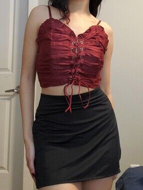 Maroon Whimsy Goth Lace-Up Cropped Cami